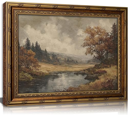 Vintage Gold Framed Moody Landscape Wall art, Cottagecore Fall River Scenery Oil Painting Canvas Print, Autumn Forest Lake Picture, Rustic Farmhouse Poster Artwork for Living Room Bedroom Bathroom - color: Landscape, size: 11"L x 9"W