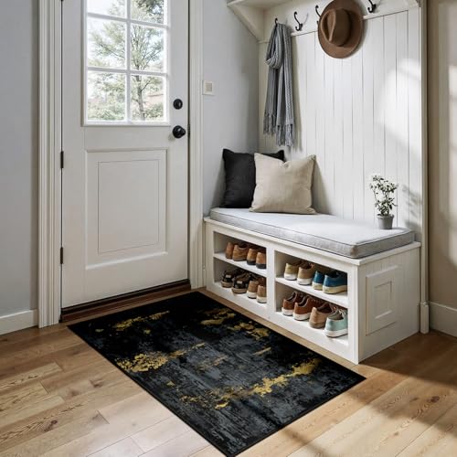 RELEANY Washable 2'x4' Abstract Area Rug for Living Room Black Gold - color: Black/Gold, size: 2' x 4' (Rectangular)