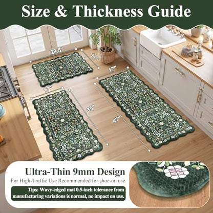 Yamaziot Boho Anti Fatigue Kitchen Rug Set of 3 Scalloped Non-Slip, Green - color: Green & Black, size: 17.3"x29"+17.3"x35"+17.3"x47"