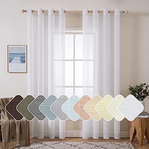 MIULEE 2 Panels 84 Inch Farmhouse Linen Sheer Window Curtains - Elegant Solid White Drapes With Grommet Top - Linen Textured Voile for Bedroom Living Room (52 X 84 Inch) - color: White, size: 52"W x 84"L (Pack of 2)