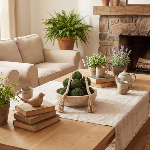 SiliFine 14 Pcs Rustic Table Decor Set, Wooden Bowl with Moss Balls, White - color: White