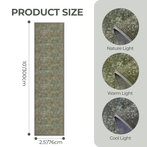 Washable 2'6" x 10' Runner Rug, Floral Green Rug Runner,Dark Green - color: Dark Green, size: 2'6" x 10' (Runner)