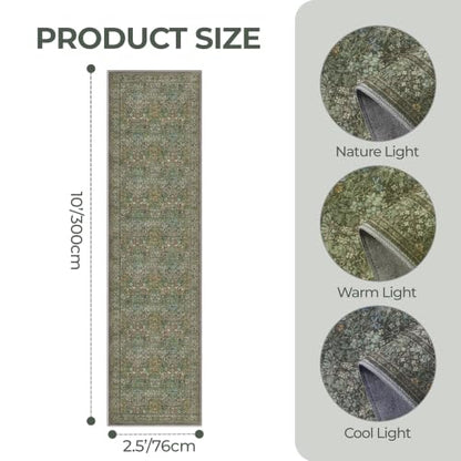 Washable 2'6" x 10' Runner Rug, Floral Green Rug Runner,Dark Green - color: Dark Green, size: 2'6" x 10' (Runner)