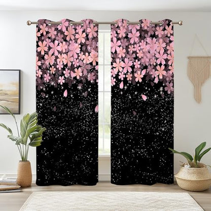 Pink Cherry Blossom Blackout Curtains for Bedroom 2 Panels 45" L x 29" W - color: Black & Pink, size: 29"W x 45"L (Pack of 2)