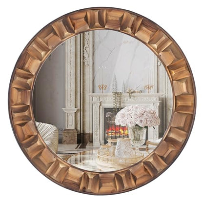 30 Inch Dark Brown Solid Wood Round Wall Mirror - color: A - Round - 30x30 in