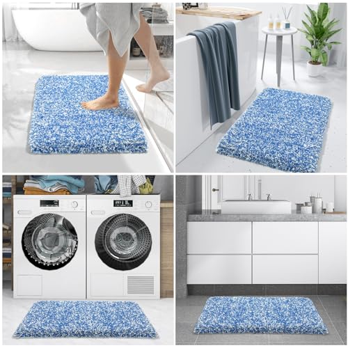 Yimobra Bath Rugs for Bathroom 32X20, Plush Non Slip Bath Mat, Blue&White - color: Blue and White, size: 32" X 20"