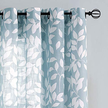 Blue Semi Sheer Curtains 95" White Leaf Print Bedroom Window Drapes 2pcs - color: Blue, size: 52"W x 95"L (Pack of 2)