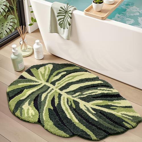 LUMI Cute Bathroom Rug Green Leaf, Absorbent Non Slip Bath Mat, 32"x48" - color: Dark Monstera-large