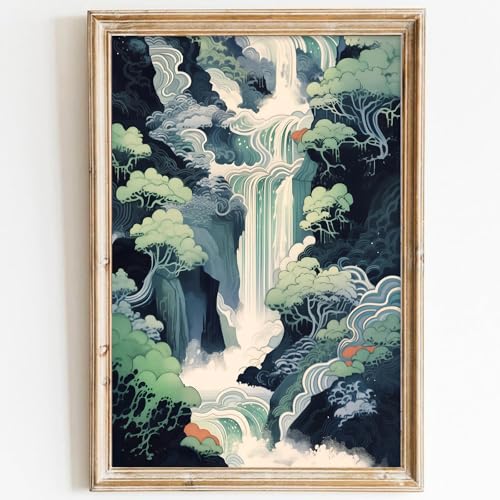 GADZRTIL Abstract Waterfall Wall Art Japanese Landscape Poster Blue Nature Pictures Japanese Waterfall Wall Art Abstract Hokusai Canvas Wall Art Abstract Landscape Artwork 16x24inch No Frame - color: Waterfall Art-Unframed