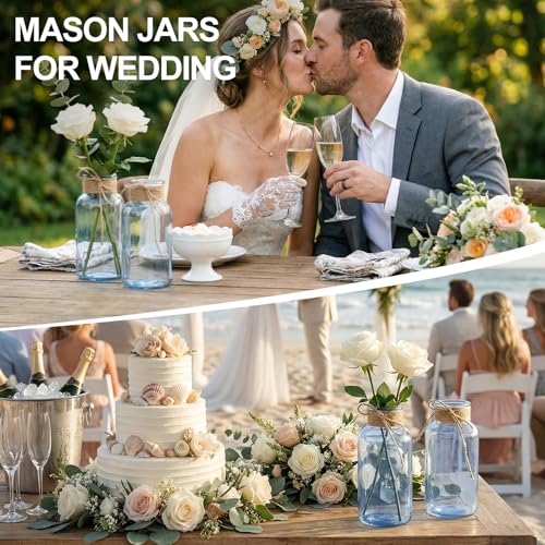 Mason Jars for Centerpiece Glass Flower Bud Vase Blue Vases, 6 Pc - color: Blue