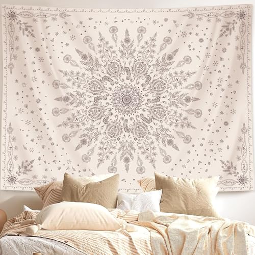 Lunerfex Boho Floral Tapestry Mandala Wall Tapestry, Cute Tapestries for Bedroom Beige Flower Tapestries Wall Hanging for Bedroom Living Room Decor Beige-1 44"x60" - color: White Black, size: 60"L x 44"W