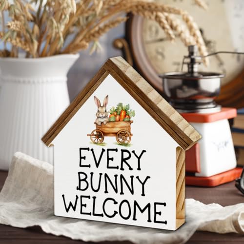Easter Home Decor, Every Bunny Welcome House Shaped Wood Block Sign - color: bunny