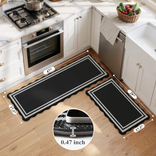 KIMODE Kitchen Mats Cushioned Anti Fatigue,Farmhouse Kitchen Rugs Sets of 2 - color: Black/White, size: 17.3" x 47"+17.3" x 29"--0.47 inches