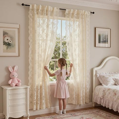 MEETSKY Lace Sheer Curtains 90 Inch Length Cream Floral Sheer Curtain - color: Light Yellow, size: 50"W x 90"L (Pack of 2)