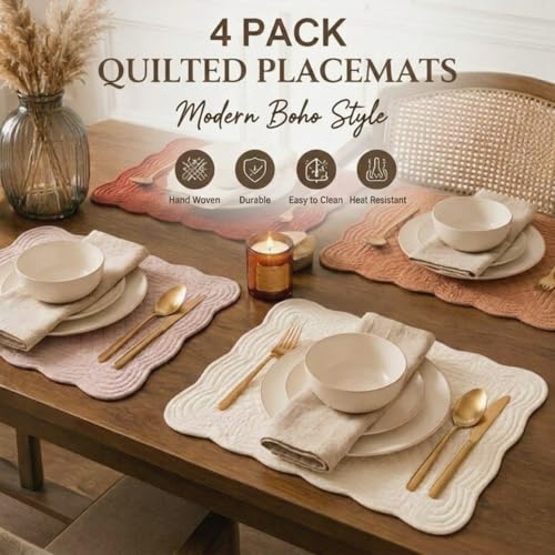 4 Pcs Quilted Placemats, Cotton Scalloped Fan Edge Boho Table Mat