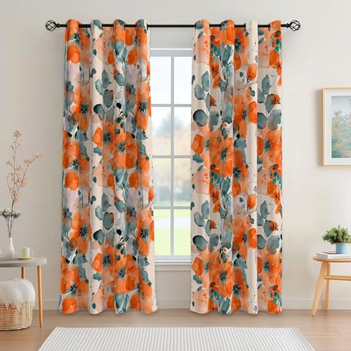 weesire Floral Blackout Curtains for Bedroom Living Room 2 Panels 100% Boho Blackout Curtains Orange Flower Pattern Curtains Abstract Curtains Rustic Farmhouse Curtains, 52x84 Inches - color: Orange Floral, size: 52"W x 84"L (Pack of 2)
