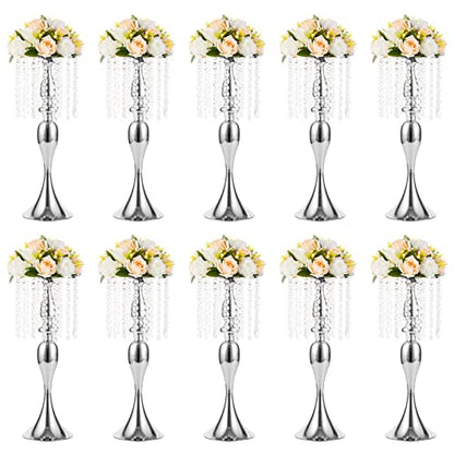 NUPTIO Tall Vase Table Centerpiece, 21.3", Silver, 10 Pcs | Crystal Metal Flower Holder Stand, for Wedding Reception, Tables, Road Lead, Party - color: Silver, size: 10 x L