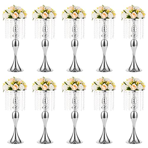 NUPTIO Tall Vase Table Centerpiece, 21.3", Silver, 10 Pcs | Crystal Metal Flower Holder Stand, for Wedding Reception, Tables, Road Lead, Party - color: Silver, size: 10 x L