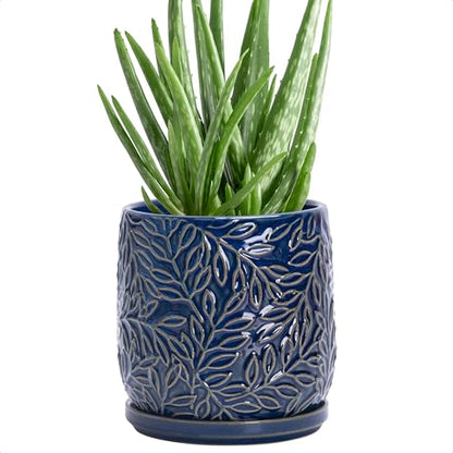 D'vine Dev Embossed Leaves Ceramic Planter, 5 in, Midnight Blue, 27-A-V-3 - color: Midnight Blue, size: 5 Inch