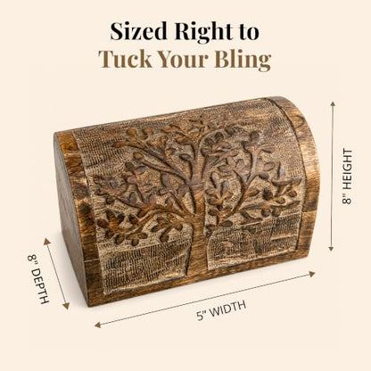 Premium Handmade Wooden Treasure Chest Decorative Trunk for Keepsakes Semicircular Curved Floral Jewellery Box Trinket Box Ladies Jewellery Storage Case Handcrafted Home Decor (Plain Tree)