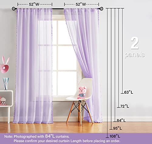 Purple Pom Pom Sheer Curtains for Kid's Room 52x63" Voile Drape Lilac 2pc - color: Lilac, size: 52"W x 63"L (Pack of 2)