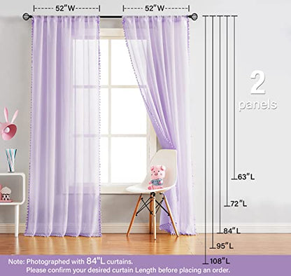 Pompom Sheer Curtain Panels for Living Room Girl's Nursery 52"x108" Lilac - color: Lilac, size: 52"W x 108"L (Pack of 2)