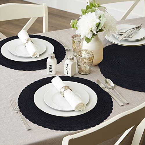 SHACOS Round Placemats Set of 6 Woven Round Table Mats 15 inch Braided Border Washable Cotton Polyester Circle Place Mats, Black (Pack of 2) - color: Black, size: 6 pieces (Pack of 2)