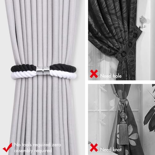 NICEEC Cotton Rope Magnetic Curtain Tiebacks, 2 Pack, Black & White - color: Black & White, size: 2 Pack