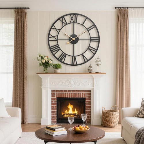 24 Inch Black Modern Metal Roman Numerals Large Wall Clock - color: Black, size: 24 Inch