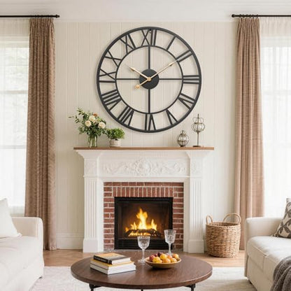24 Inch Black Modern Metal Roman Numerals Large Wall Clock - color: Black, size: 24 Inch