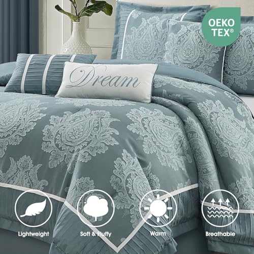 LANCO MODERN LIFESTYLE Blue Queen Comforter Set 7 Pieces, Jacquard Woven with Damask, Bedding Set in a Bag Includes Comforter, Bed Skirt, Pillow Shams, and Decorative Pillows - color: Blue, size: Queen