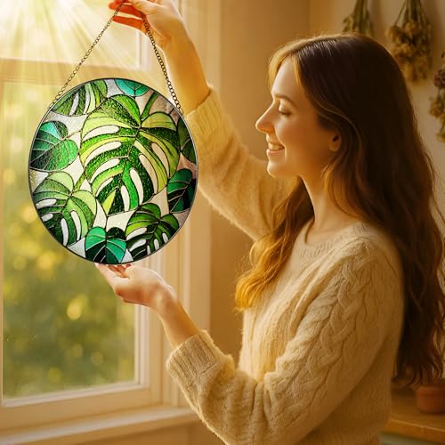 Stained Glass Window Hanging, 8 Inch Monstera Plant Stained Glass Suncatcher, Plant Sun Catcher, Plant Lover Decor, Plant Lover Gifts, Mother's Day, Birthday, Housewarming, Christmas, Festival Gifts - color: Monstera