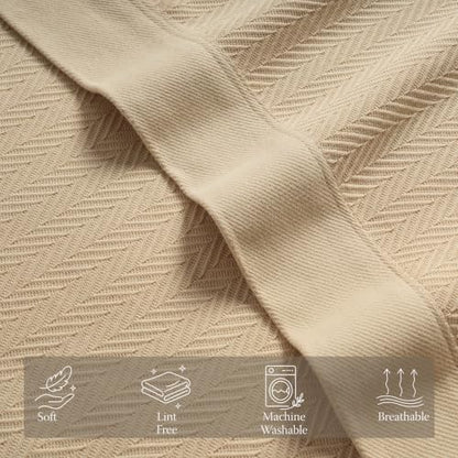 Threadmill Luxury 100% Cotton Twin Herringbone Blanket, Beige - color: Beige, size: Twin (68" x 92")