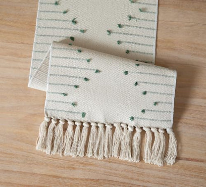 Caflife Green Beige Cotton Linen Rustic Boho Table Runner 13x48 Inch Long - color: Green Beige, size: 13x48Inch