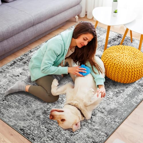 Living Room Area Rug 9x11 Rugs Modern Machine Washable Rug Non Slip Low Pile Large Abstract Rug for Living Room, Bedroom, Farmhouse, Dining Room, Black&Grey - color: Dark Grey, size: 9' x 11' (Rectangular)