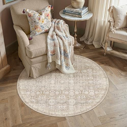 Beige 4R Area Rug Neutral Distressed Carpet - color: Accent | Beige, size: 4' (Round)