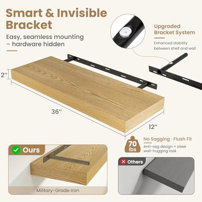 36 Inch Long Floating Shelves for Wall Set of 1, 12"D Wood Grain Shelves - color: Oak, size: 36"Wx12"Dx2"H, 1P