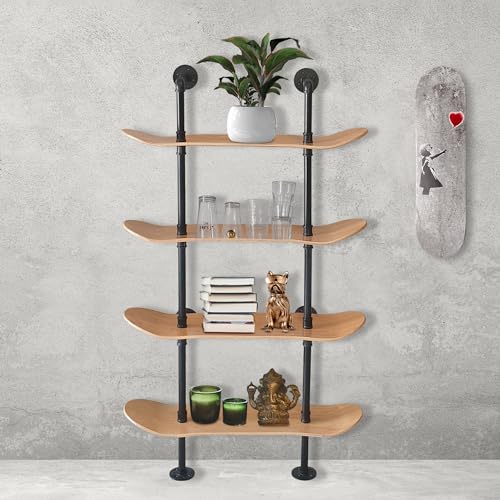Industrial Pipe Bookcase, 4 Tier Shelf, Natural Wood Stain Finish - size: 4 Tier Shelf