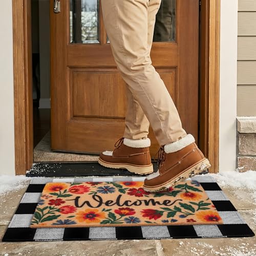 2-Piece Layered Welcome Mat Set - Coir Doormat & Buffalo Plaid Rug - color: Spring Flower 2