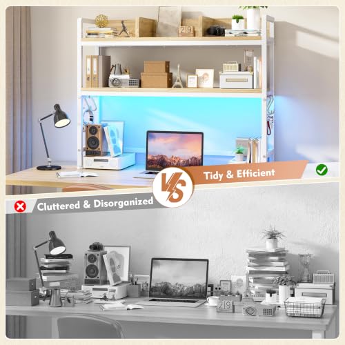 REIBII 2-Tier Desk Shelf with LED for Bedroom and Home Office, White - color: White, size: 7.8"D x 37.5"W x 38.7"H