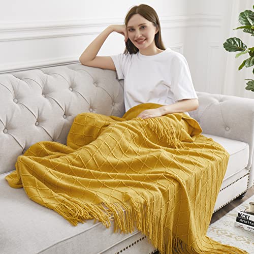 Acrylic Knitted Throw Blanket, 50 x 60 Inches, Mustard Yellow - color: Mustard Yellow