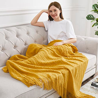 Acrylic Knitted Throw Blanket, 50 x 60 Inches, Mustard Yellow - color: Mustard Yellow