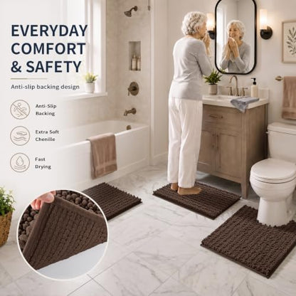 Yimobra Brown Bathroom Rug Set 3 Piece, Super Water Absorbent Bath Mat Set - color: Brown, size: 24"x17" + 24"x20" + 30"x20"