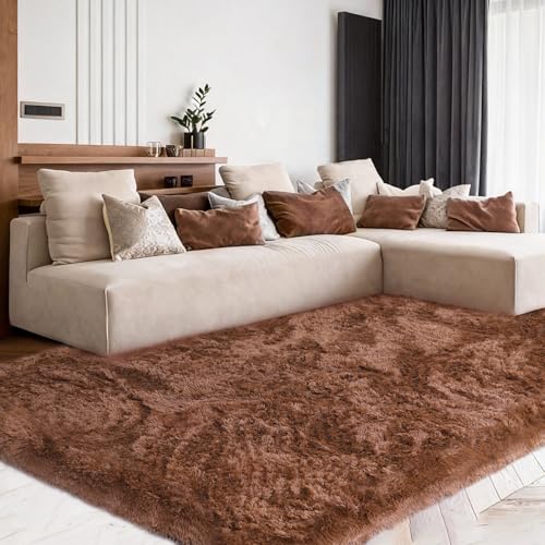 Brown Fluffy Shag Area Rug, Non-Slip Thick Soft Carpet for Home - color: Brown, size: 5' x 7' (Rectangular)