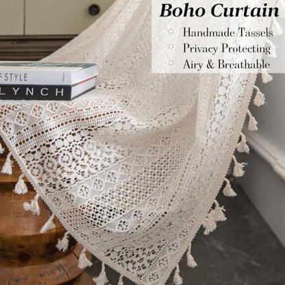 Sutuo Home Beige Boho Lace Sheer Curtains 84 inches Long,Crochet Macrame Semi-Sheer Bohemian Drape with Tassels, Cream Farmhouse Window Curtains for Living Room & Bedroom, 1 Panel 59" W,Rod Pocket - color: Beige Crochet, size: 59"W x 84"L (Pack of 1)