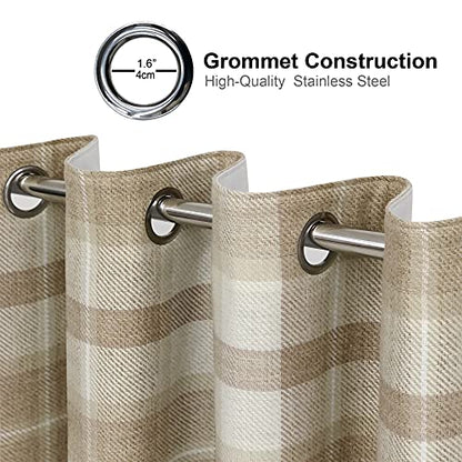 always4u Plaid Curtains for Bedroom Living Room 100% Blackout Thermal Energy Saving Woolen Look Grommet Curtains 63 Inch Length 2 Panels Beige - color: Beige, size: 45"W x 63"L (Pack of 2)