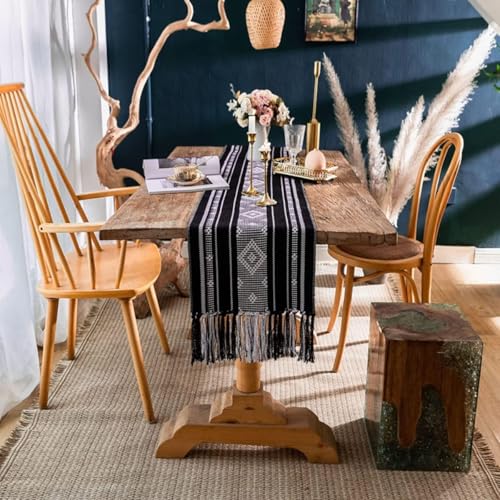 Cotton Linen Table Runner Bohemian Striped Table Runner with Tassels for Dining Party Holiday (Black, 13.5‘’x108‘’) - size: 13.5‘’x108‘’