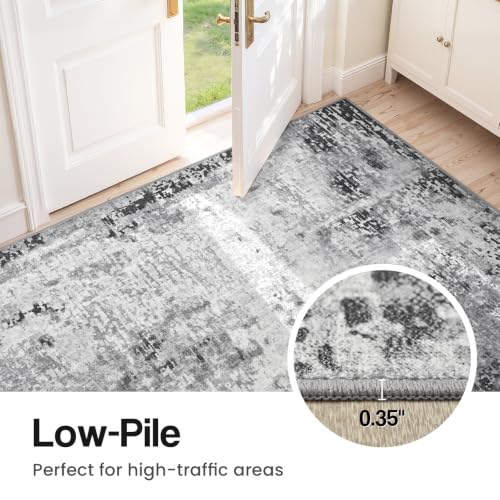 Kelarea Washable Runner Rug 2x6, Non-Slip Low Pile Abstract Grey - color: Light Grey, size: 2' x 6' (Rectangular)