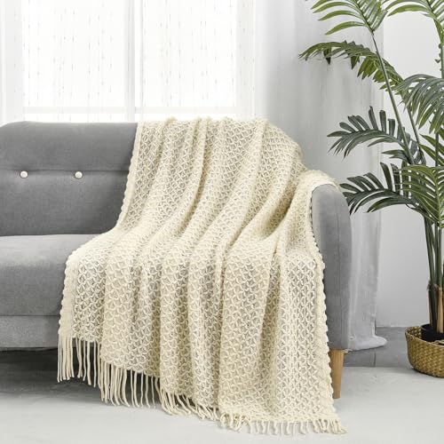 CREVENT Farmhouse Boho Knitted Throw Blanket for Couch Sofa Chair Bed Home Decoration, Soft Warm Cozy Light Weight for Spring Summer Fall (50''X60'' Beige) - color: Beige X, size: 50inchx60inch