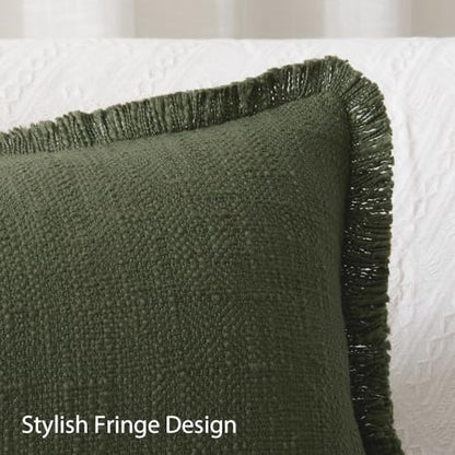 100% Cotton 14x36 Inch Lumbar Pillow Cover with Fringe 1 Pack, Olive Green - color: A-olive Green, size: 36" x 14" (Pack of 1)